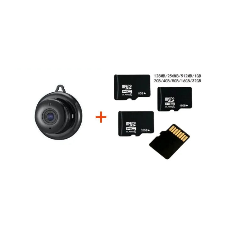 Compact white WiFi camera with 1080p night vision and black lens on a shelf