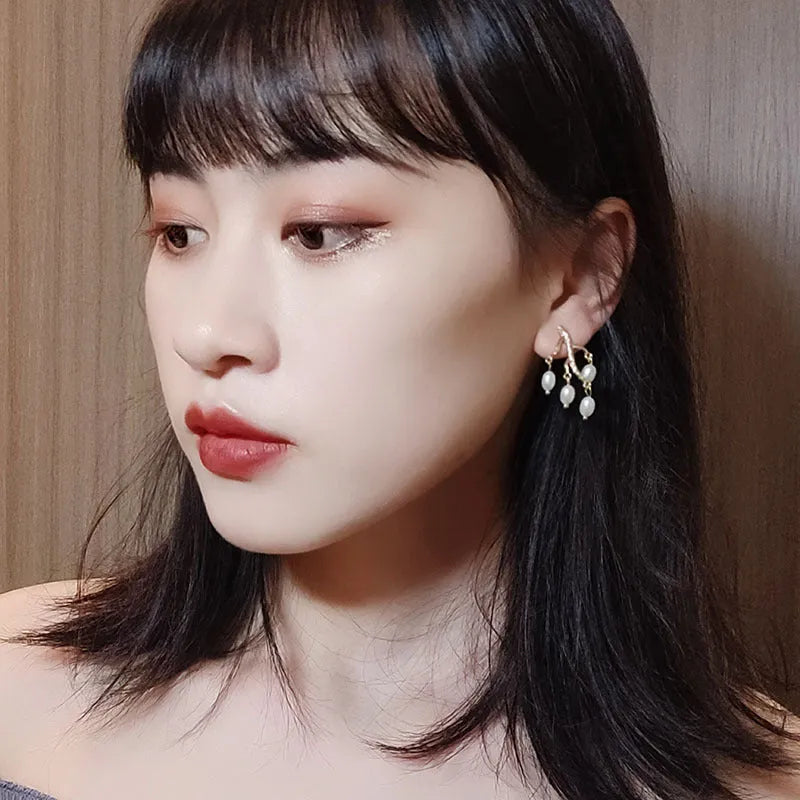 Pearl branch earrings for women, alloy silver gold finish, pearl inlay flower shape, white colour dangle drop earrings