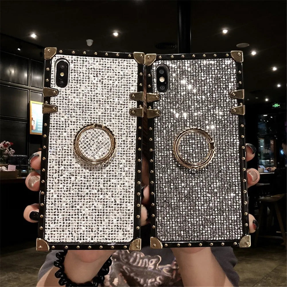 Square TPU mobile phone case with a flash diamond bracket design in silver colour