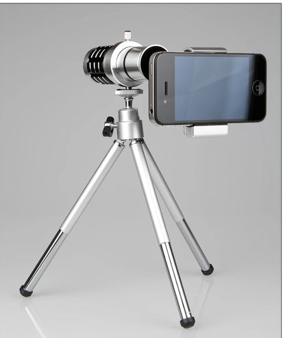 12x mobile telescope with aluminum phone clip attached to smartphone on extended tripod