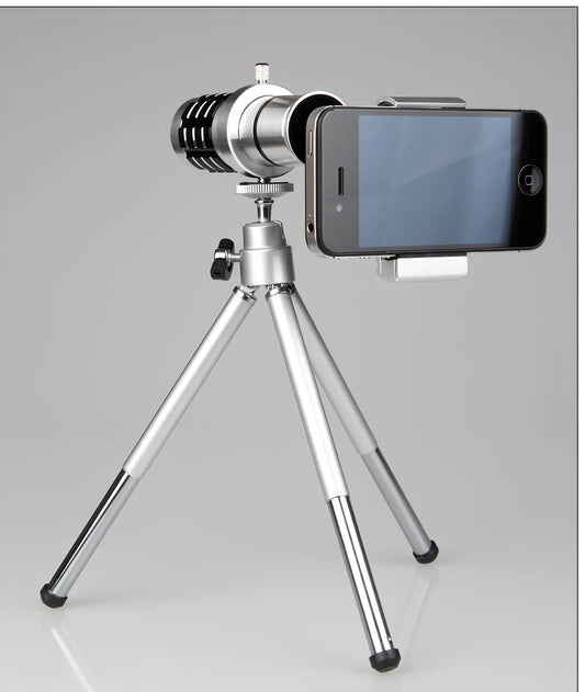 12x mobile telescope with aluminum phone clip attached to smartphone on extended tripod