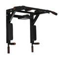 Black wall-mounted sandbag rack with parallel pull-up bars for indoor and outdoor fitness training