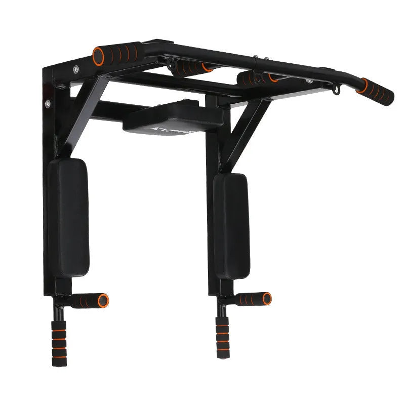 Black wall-mounted sandbag rack with parallel pull-up bars for indoor and outdoor fitness training