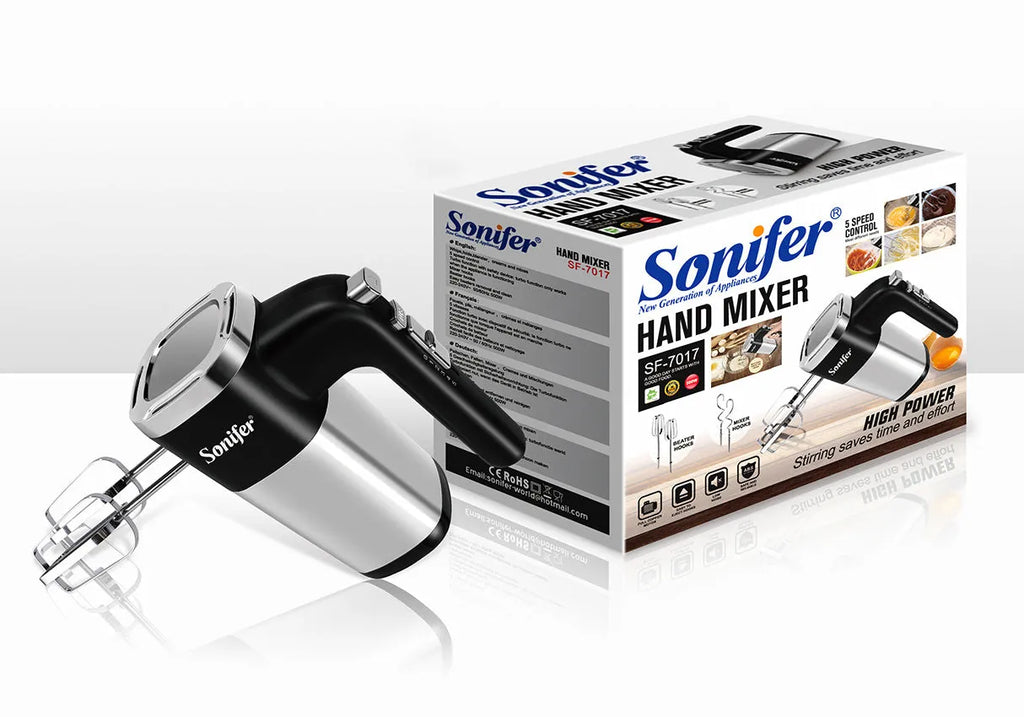 White 500W electric hand mixer with two metal beaters and turbo button