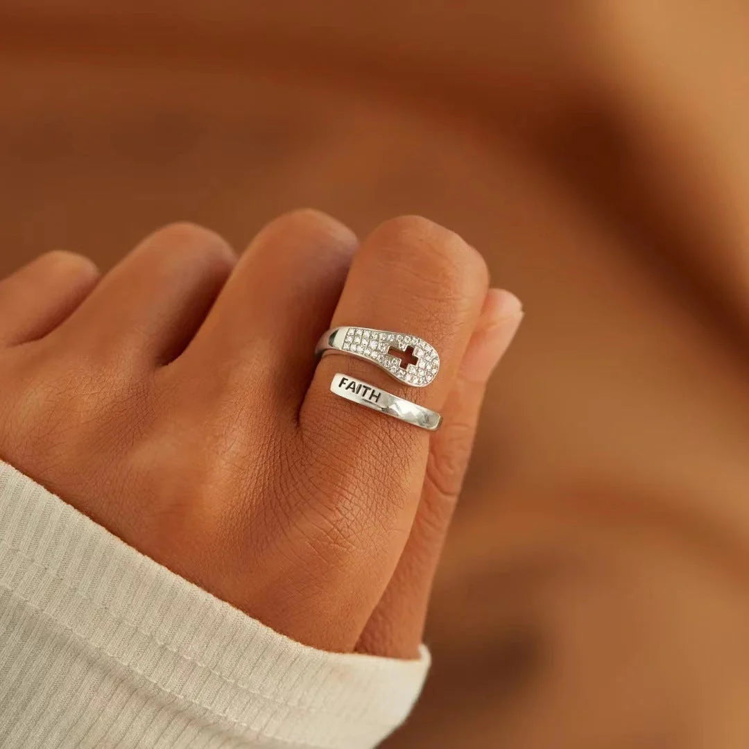 S925 Sterling Silver Faith Cross Zircon Ring in platinum color, showcasing Korean style elegance and faith symbolism.