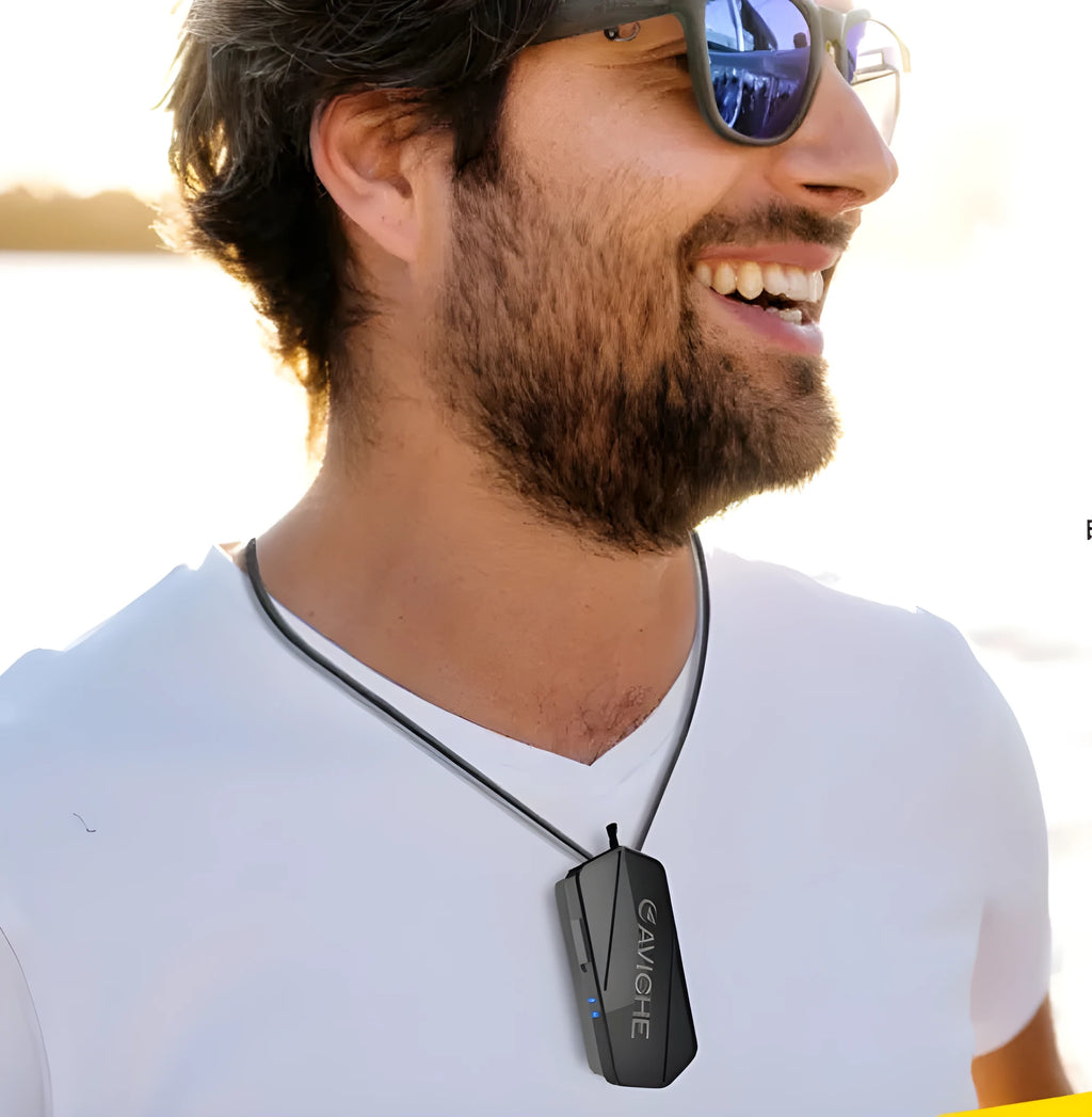 Black plastic air purifier necklace with 650mAh battery and compact 80mm dimensions