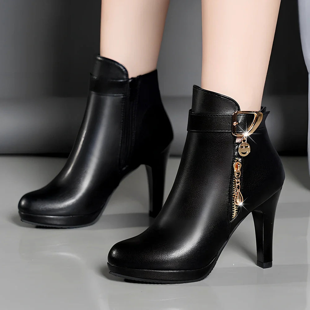 Black women's autumn PU leather boots with pointed toe, 6-8cm fine heel, and rubber sole for sizes 34-40