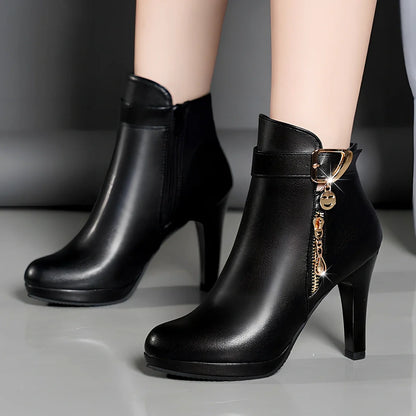 Black women's autumn PU leather boots with pointed toe, 6-8cm fine heel, and rubber sole for sizes 34-40