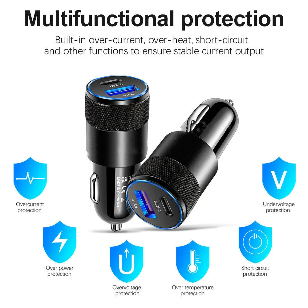 Aluminium alloy dual USB car charger with compact 2.5x6cm dimensions