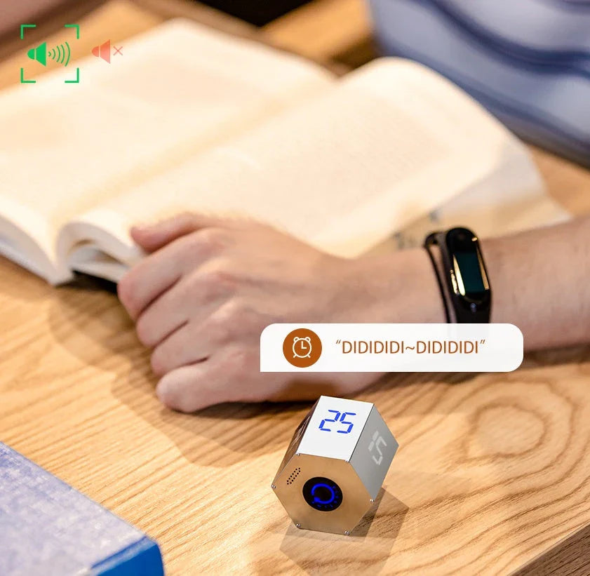 A sleek, modern digital kitchen timer with a large display and adjustable volume settings