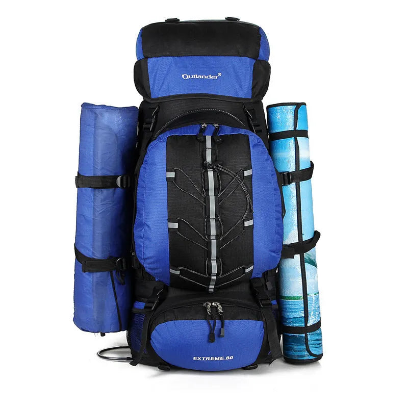 Professional 80L mountaineering hiking backpack with double shoulder straps in six colour options for outdoor travel