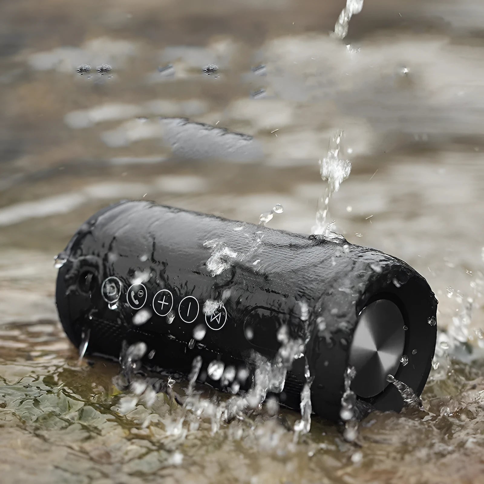 A portable waterproof outdoor Bluetooth speaker in black, shown with a mobile phone indicating wireless connectivity.