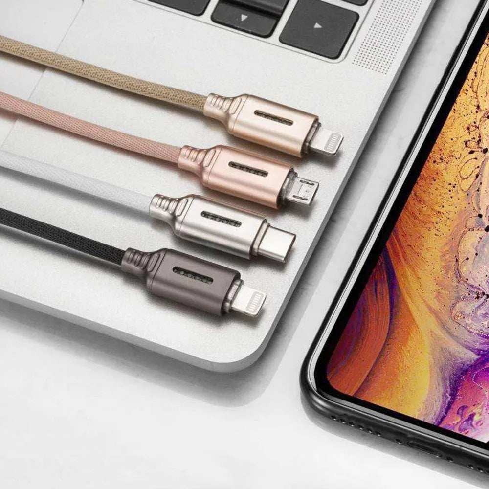 Black fabric braided USB charging cable with Type-C and standard USB connectors, 1 metre long.