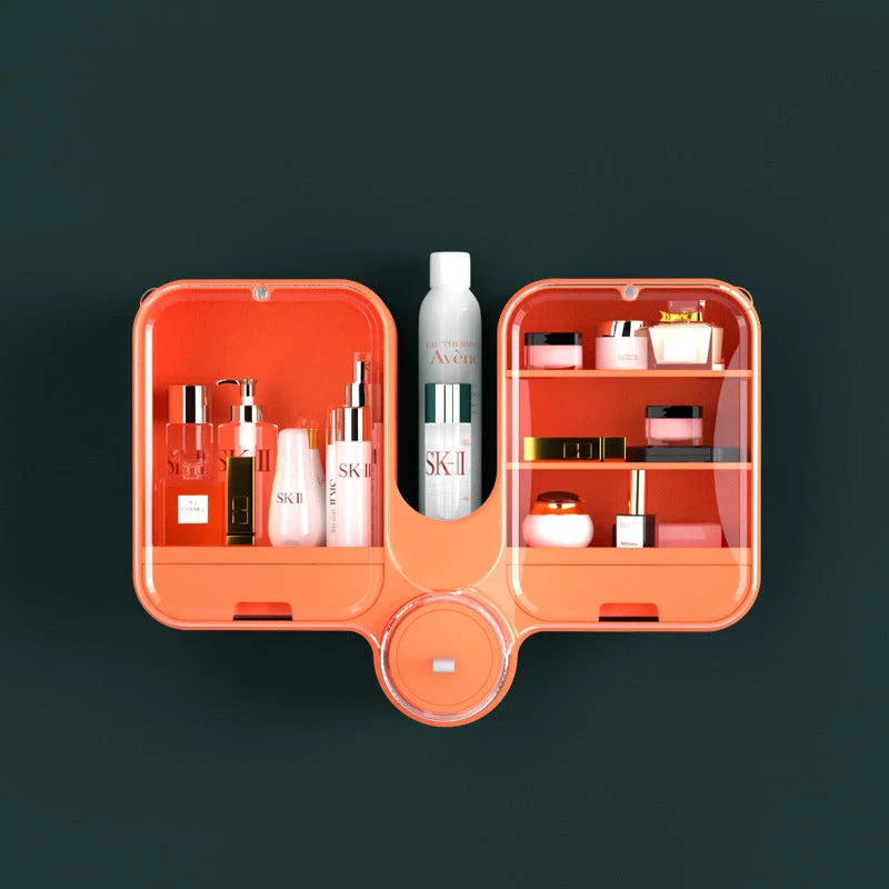 Wall-mounted cosmetic storage box in orange, green, or white with rotating lid and no nails required
