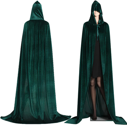 Golden velvet Halloween cloak in purple, 130 cm length with 48 cm hood and neck tie for wizard cosplay