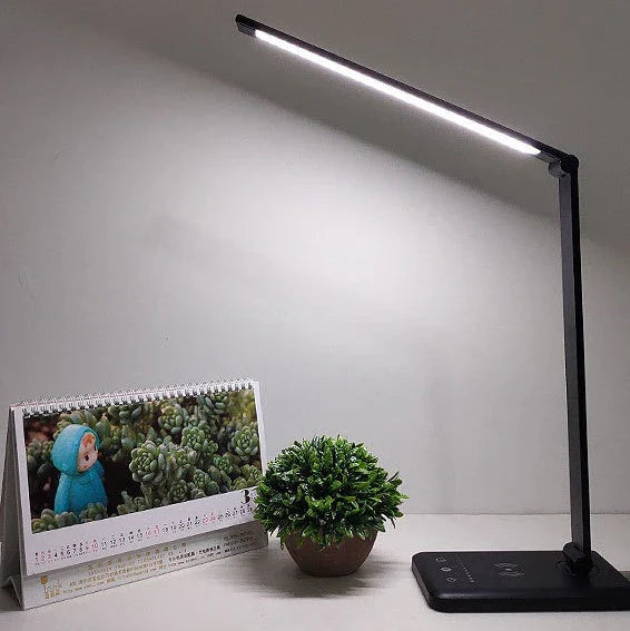 Wireless charging LED desk lamp with adjustable lighting and auto timer function