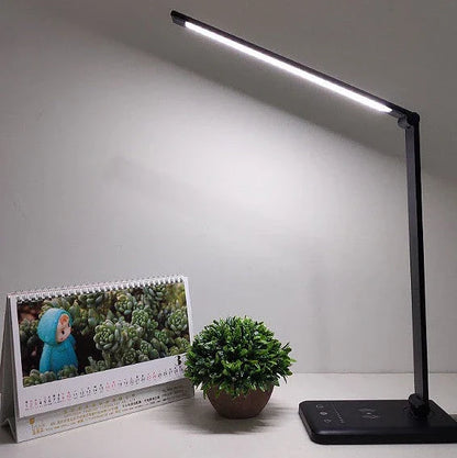 Wireless charging LED desk lamp with adjustable lighting and auto timer function