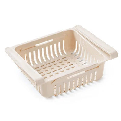 Stretchable refrigerator storage basket in white, blue, pink, and apricot colours