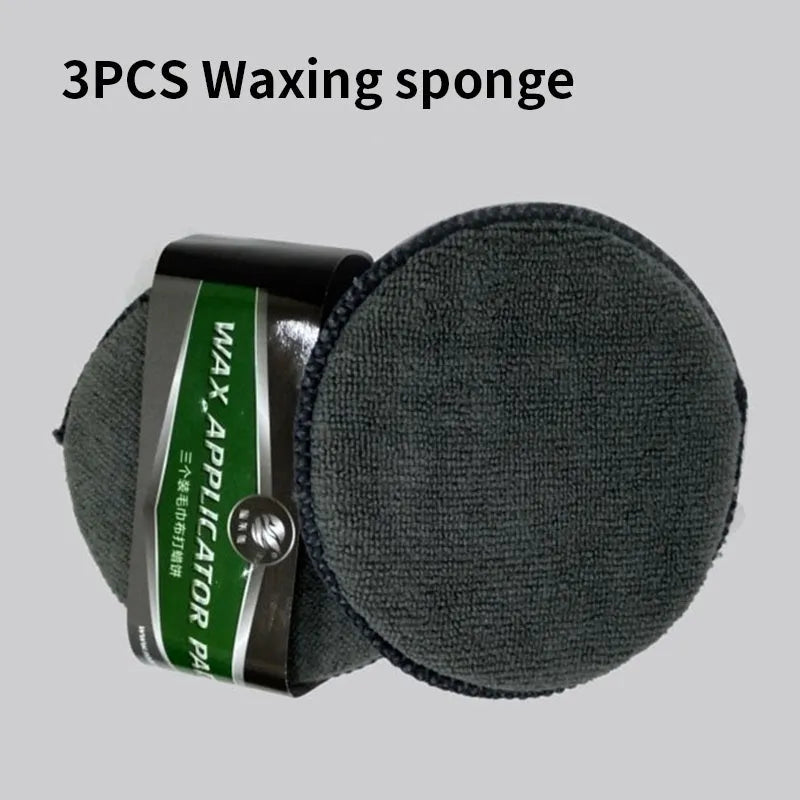 9-piece car wash cleaning kit with tyre brush, microfibre towels, sponge, glove, and waxing cakes in grey and orange