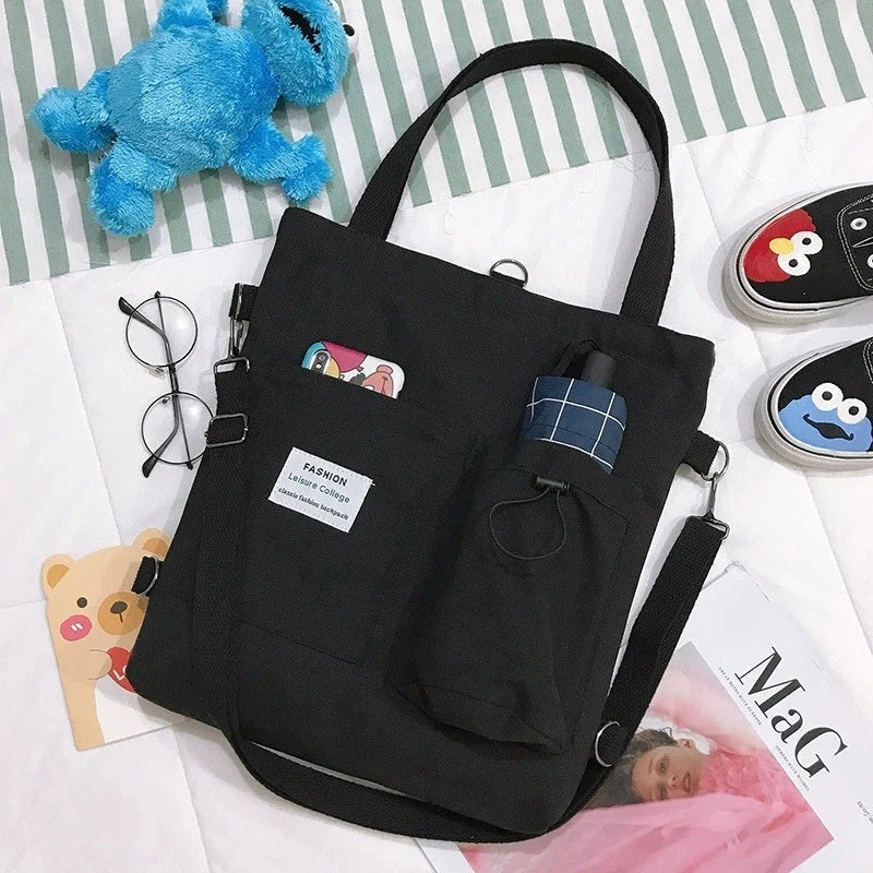 Harajuku style canvas backpack with multiple pockets for women and students