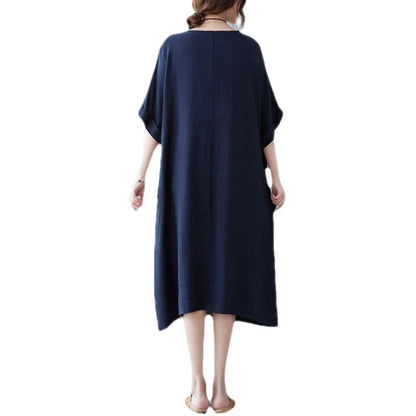 Cotton and linen loose half sleeve contrast paneled dress in original hemp colour
