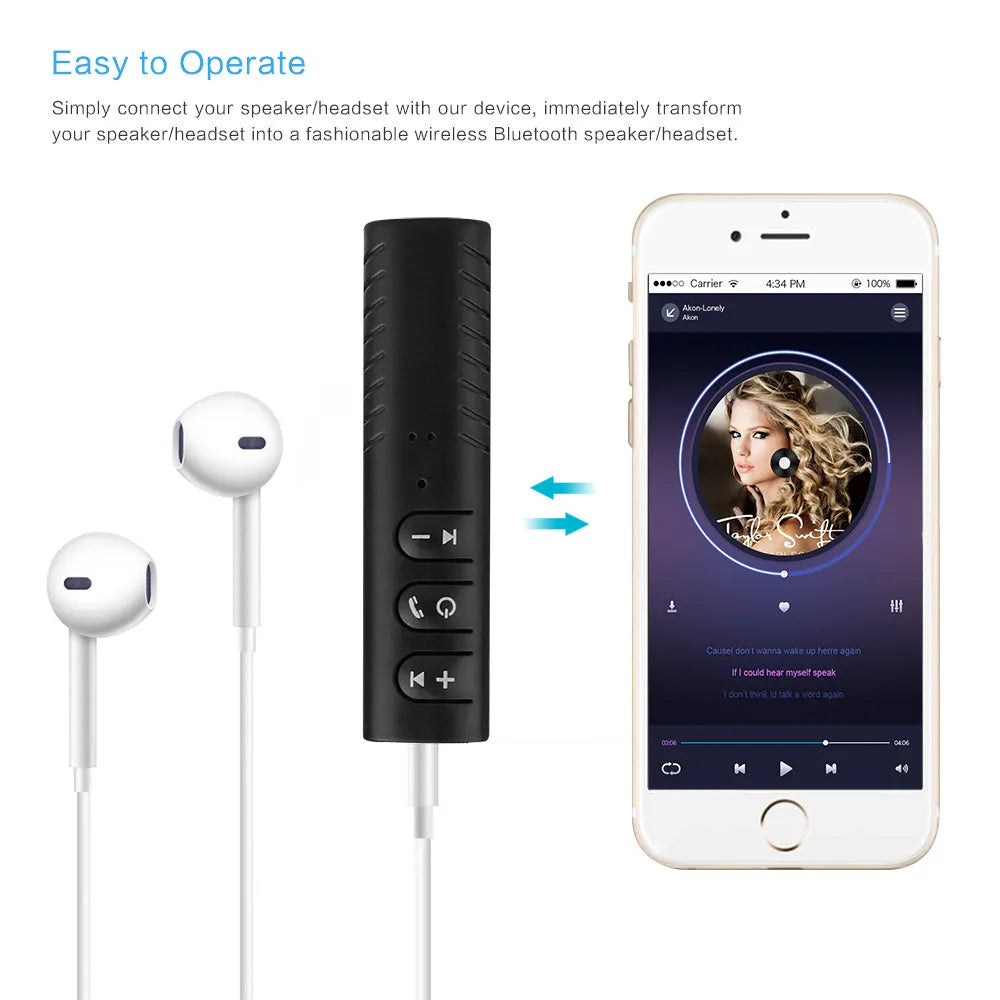 Black Bluetooth car audio receiver with 3.5mm adapter for wireless music streaming in vehicles