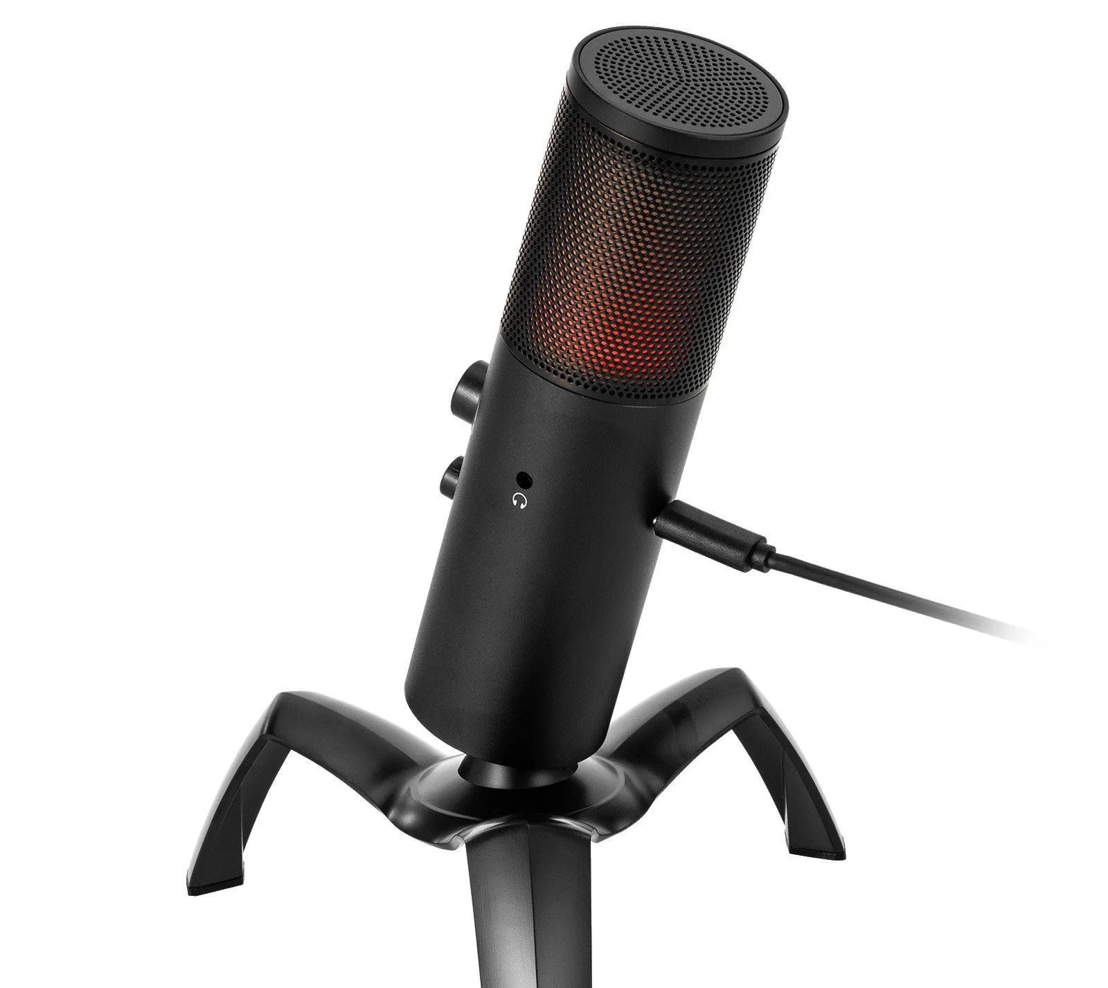 Black Q18 directional condenser microphone with RGB lighting on adjustable tripod stand