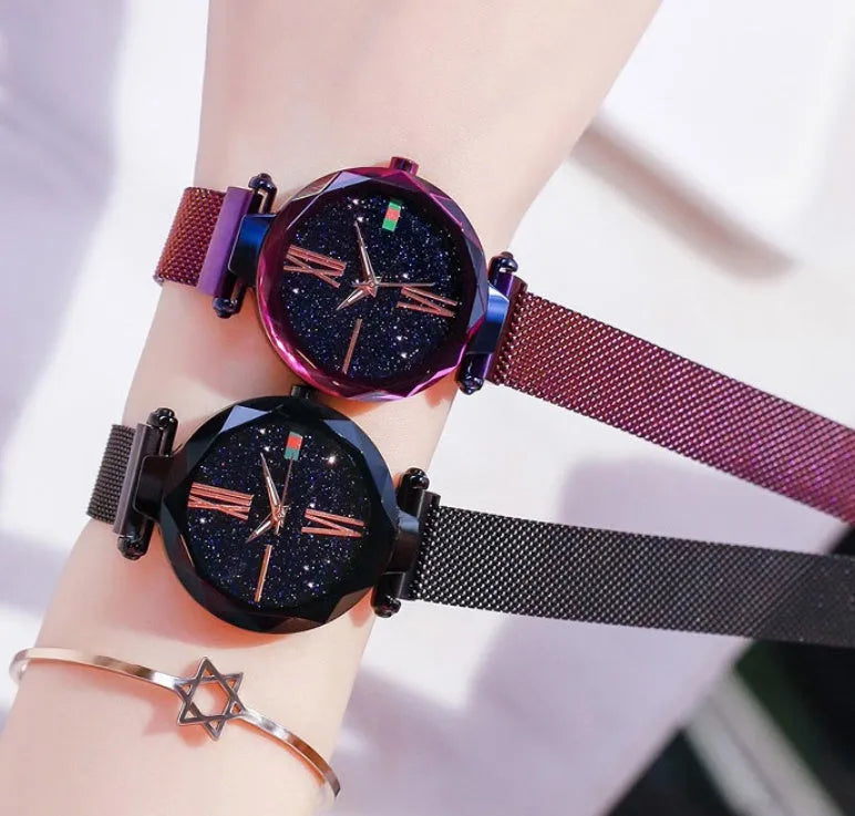 Starry Sky women's watch with magnetic mesh strap, alloy case, and glass surface, 34mm diameter