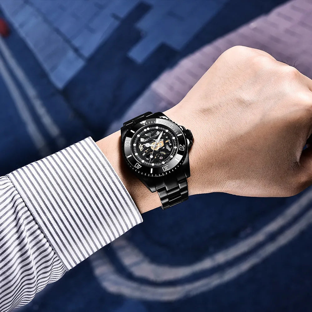 PAGANI steel band mechanical watch with luminous dial showing 43mm diameter