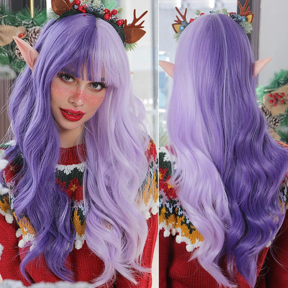 Long wave synthetic cosplay wig with Qi bangs and heat-resistant fibres