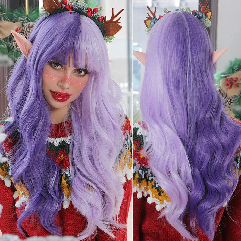 Cosplay synthetic wig with 24-inch long wave styling and heat-resistant high temperature fibre that withstands 180°C curling tools for versatile character transformations