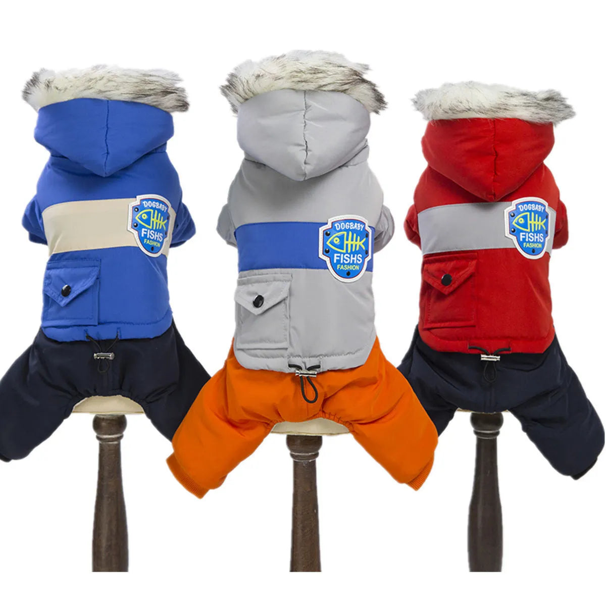 Dog snow coat in blue, grey, and red wool with four-legged back design and cotton lining