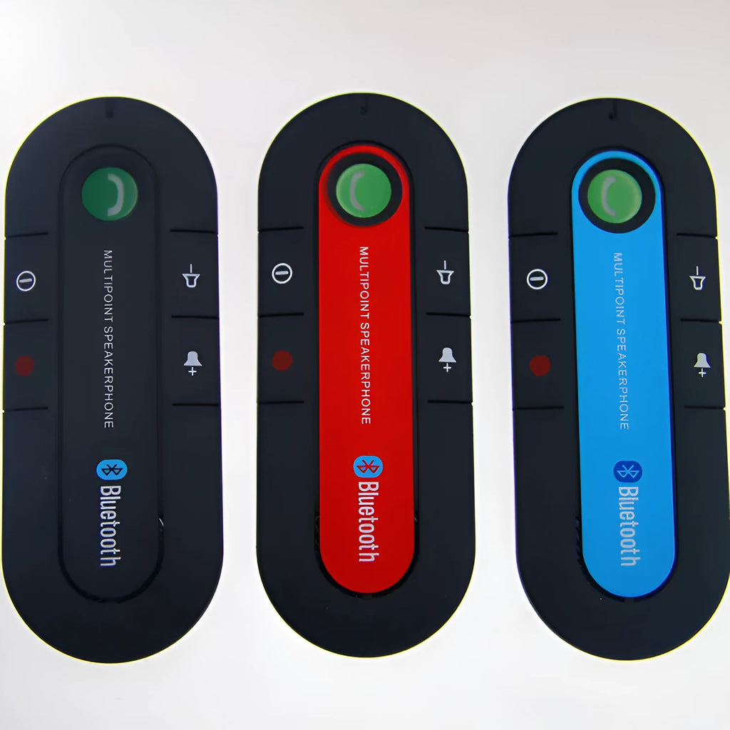 Black vehicle-mounted Bluetooth handsfree device clipped to a car sun visor with power cable.