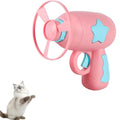 Blue interactive cat toy gun with a plastic frisbee on the launch head, shown next to a second pink frisbee.