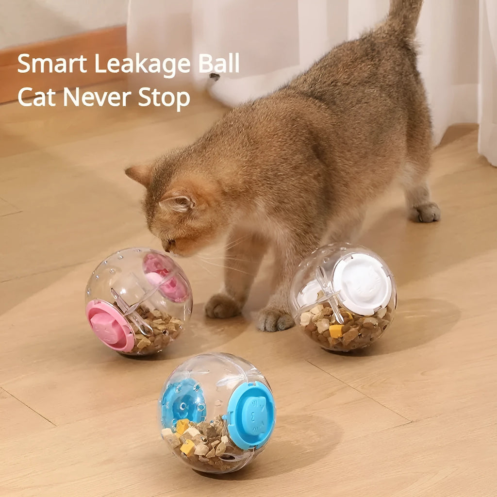 Blue slow feeding ball for cats with visible food compartment, 11.5cm diameter