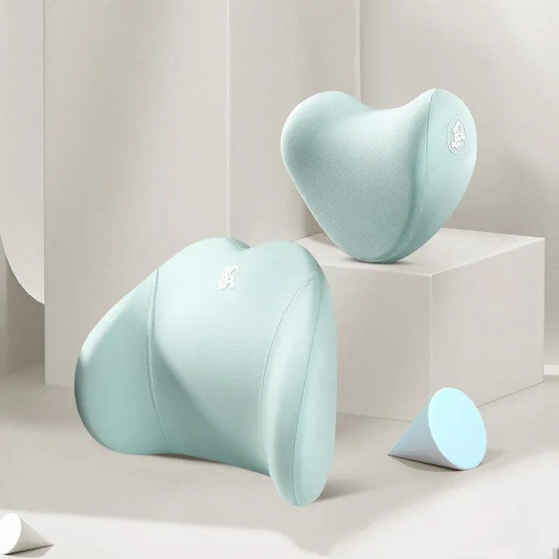 Heart-shaped memory foam car pillow set with cotton cover showing headrest and lumbar support pillows