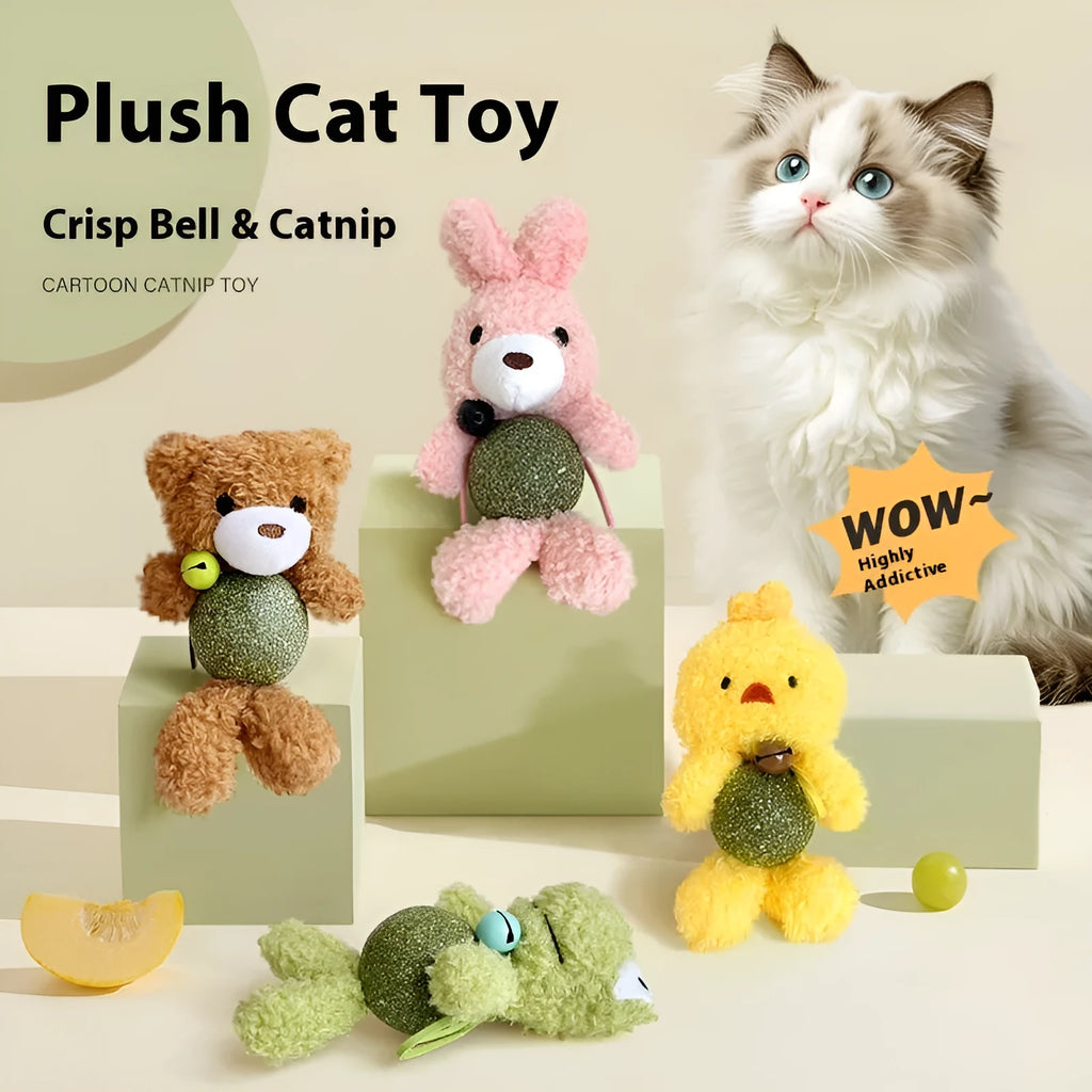 Brown Bear plush cat toy with a green mint ball and bell on a white background.