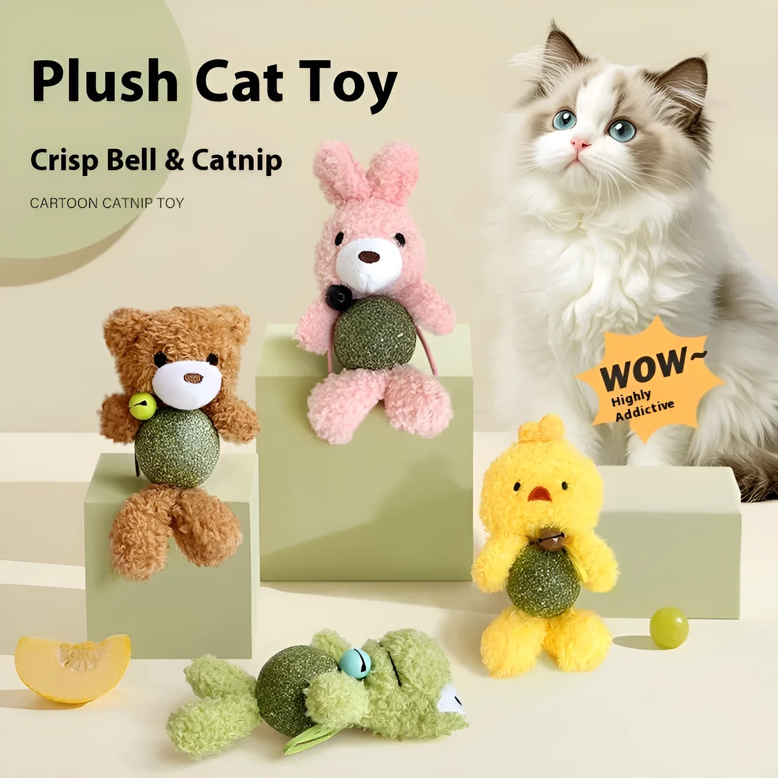 Brown Bear plush cat toy with a green mint ball and bell on a white background.