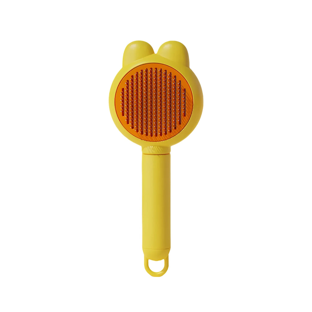 Self cleaning pet grooming brush with release button and stainless steel comb