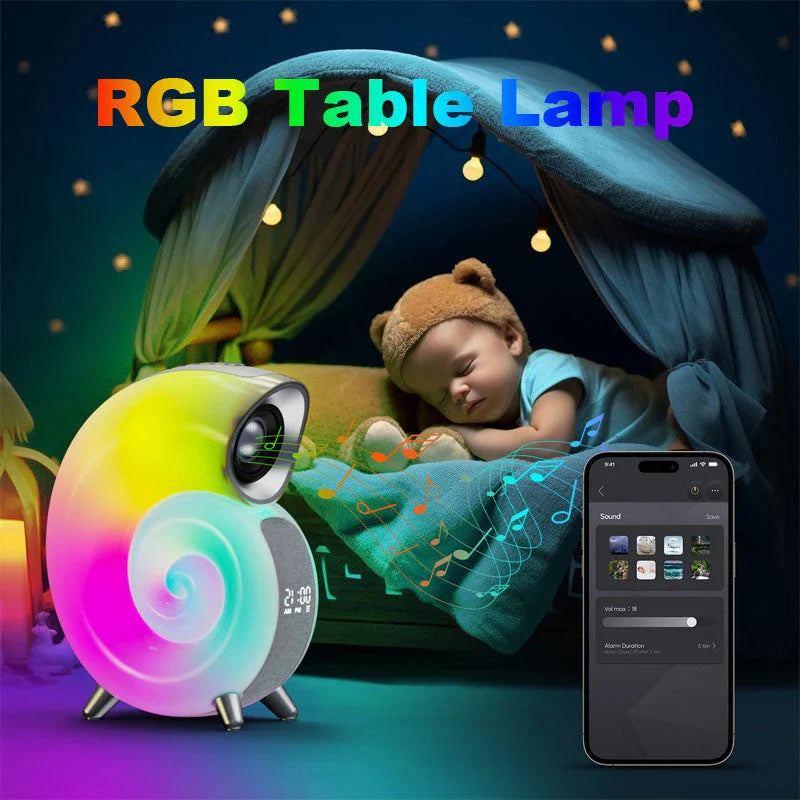 A smart RGB atmosphere light with Bluetooth speaker, alarm clock, and white noise machine for customizable sleep and relaxation.