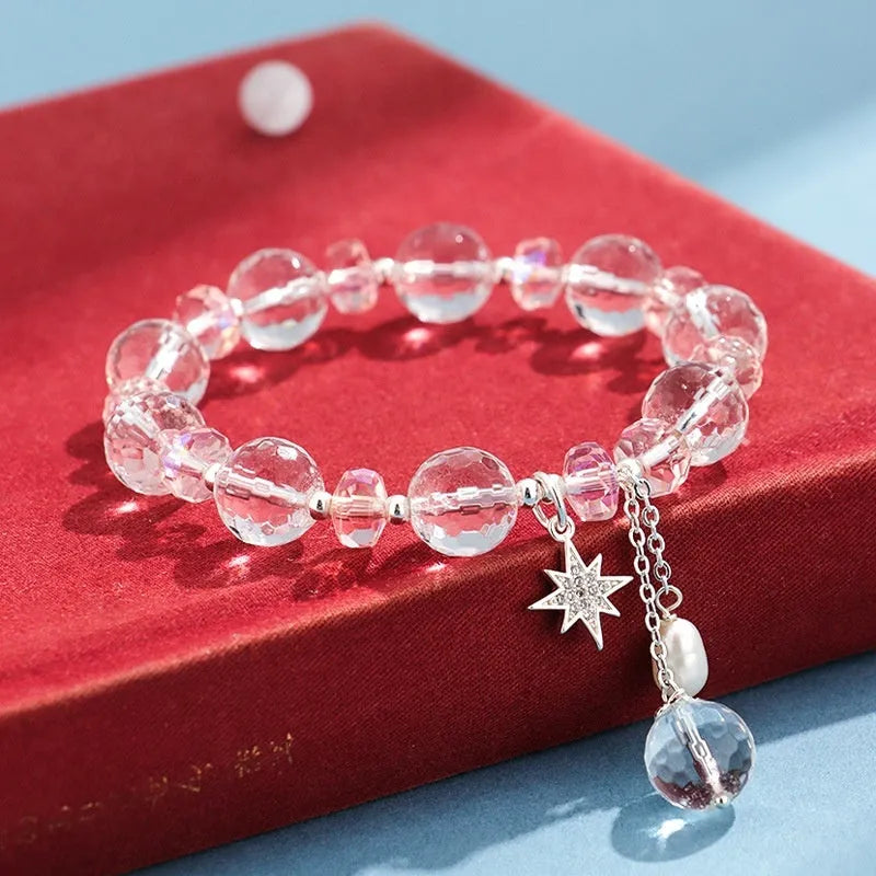 Women's white crystal bracelet with Korean-style design, electroplated finish, and lucky cat charm