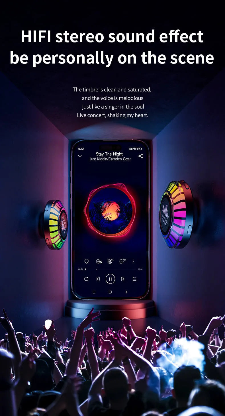 Black portable wireless Bluetooth subwoofer with 72-colour breathing rhythm lighting on a desktop