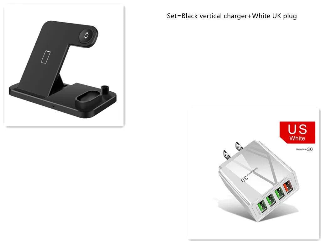 Black 4-in-1 wireless charging station showing phone on adjustable stand, with Apple Watch and AirPods charging on the base.