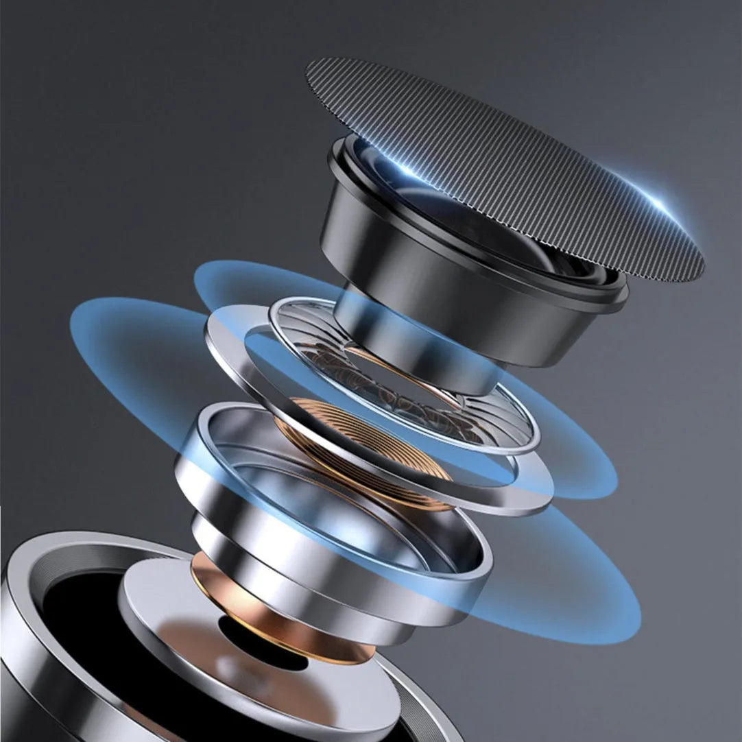 Portable wireless ABS Bluetooth speaker in black, 80x36mm, with USB power and built-in battery