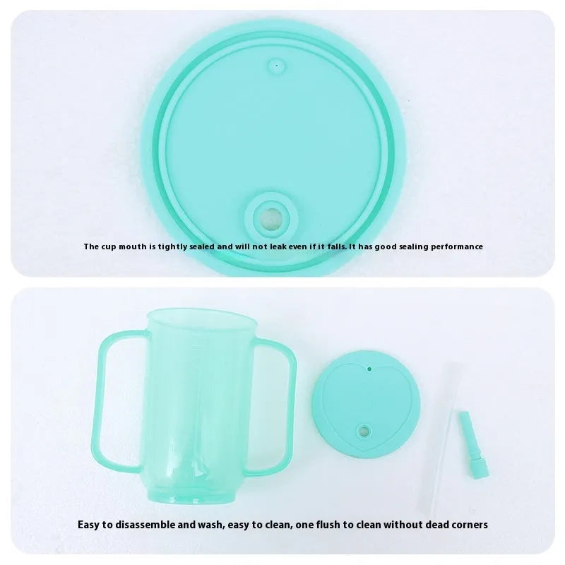 A white PP plastic choke proof drinking cup with a handle, lid, and oblique mouth spout for bedside use.