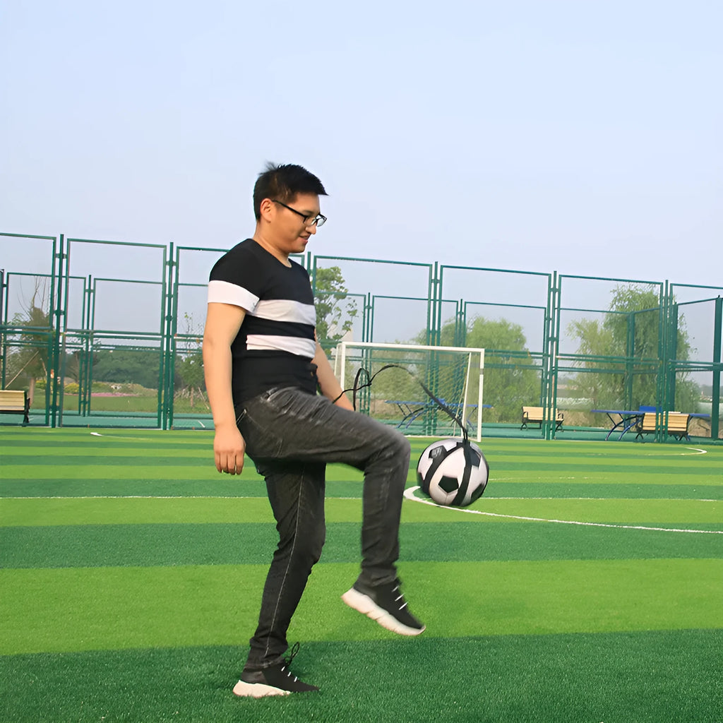 Black football juggling belt with elastic cord for solo training practice