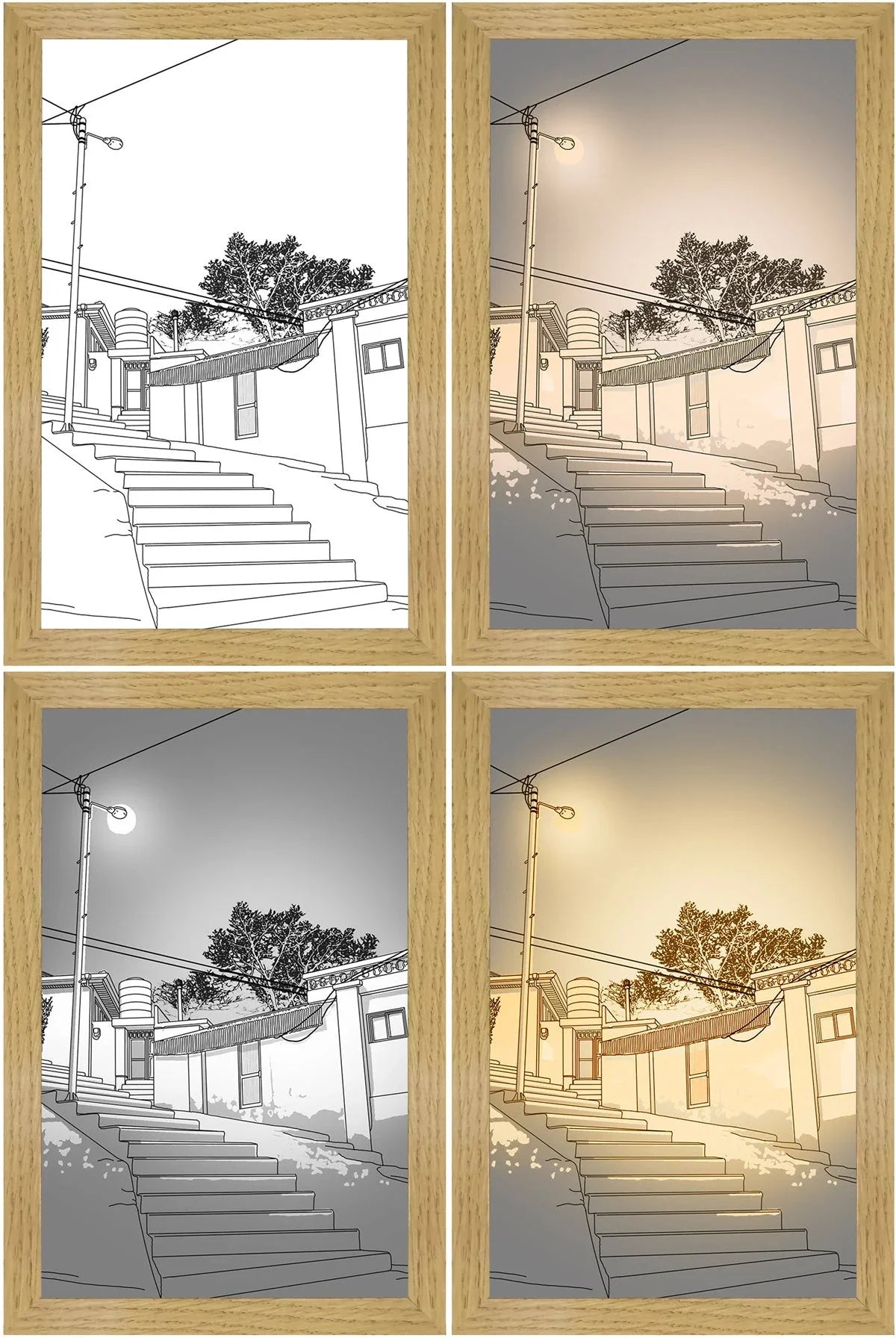 Customizable LED-illuminated picture frame with various scenic designs and lighting modes