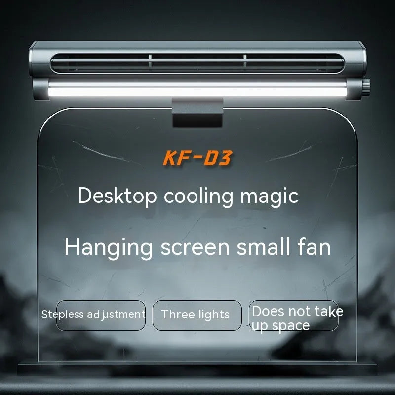 Black USB clip-on bladeless desk fan with integrated lamp attached to a computer monitor.