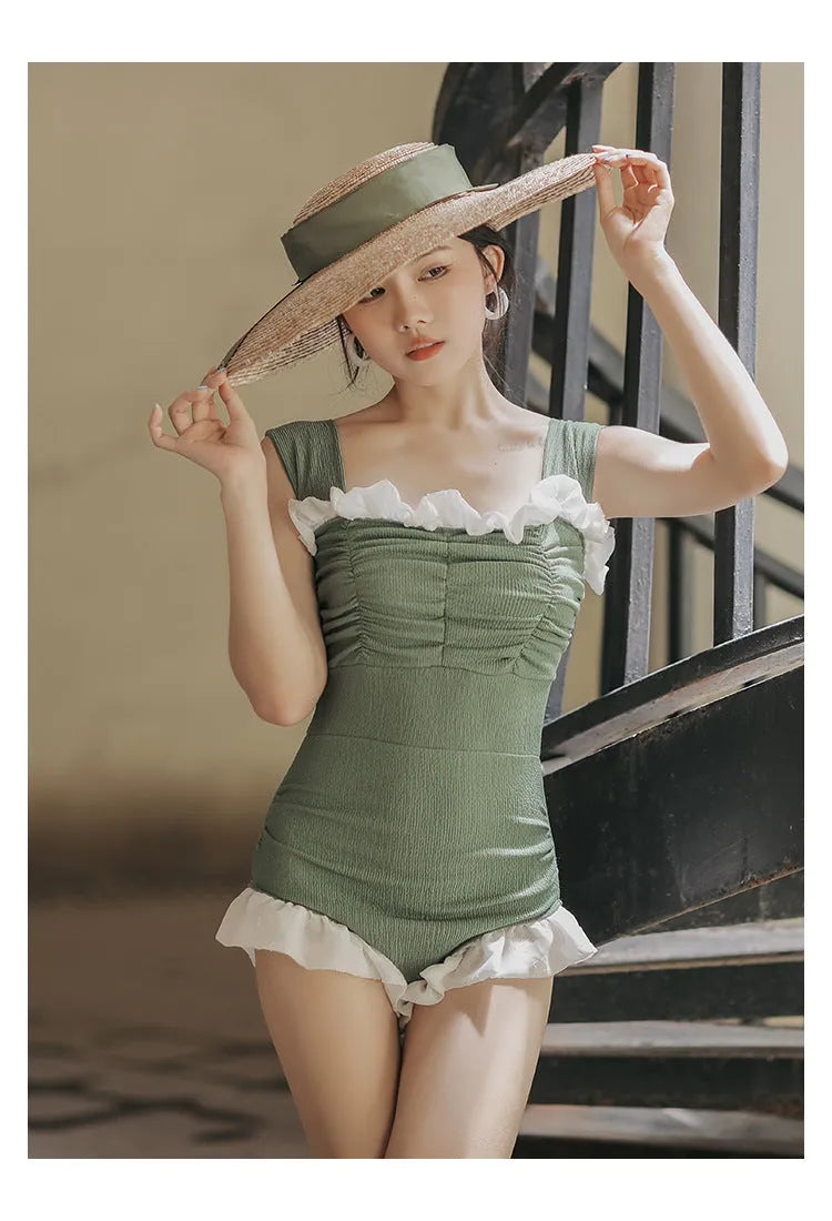 Korean style high waist one-piece swimsuit in quick-drying polyester fabric, available in black, green, or pink