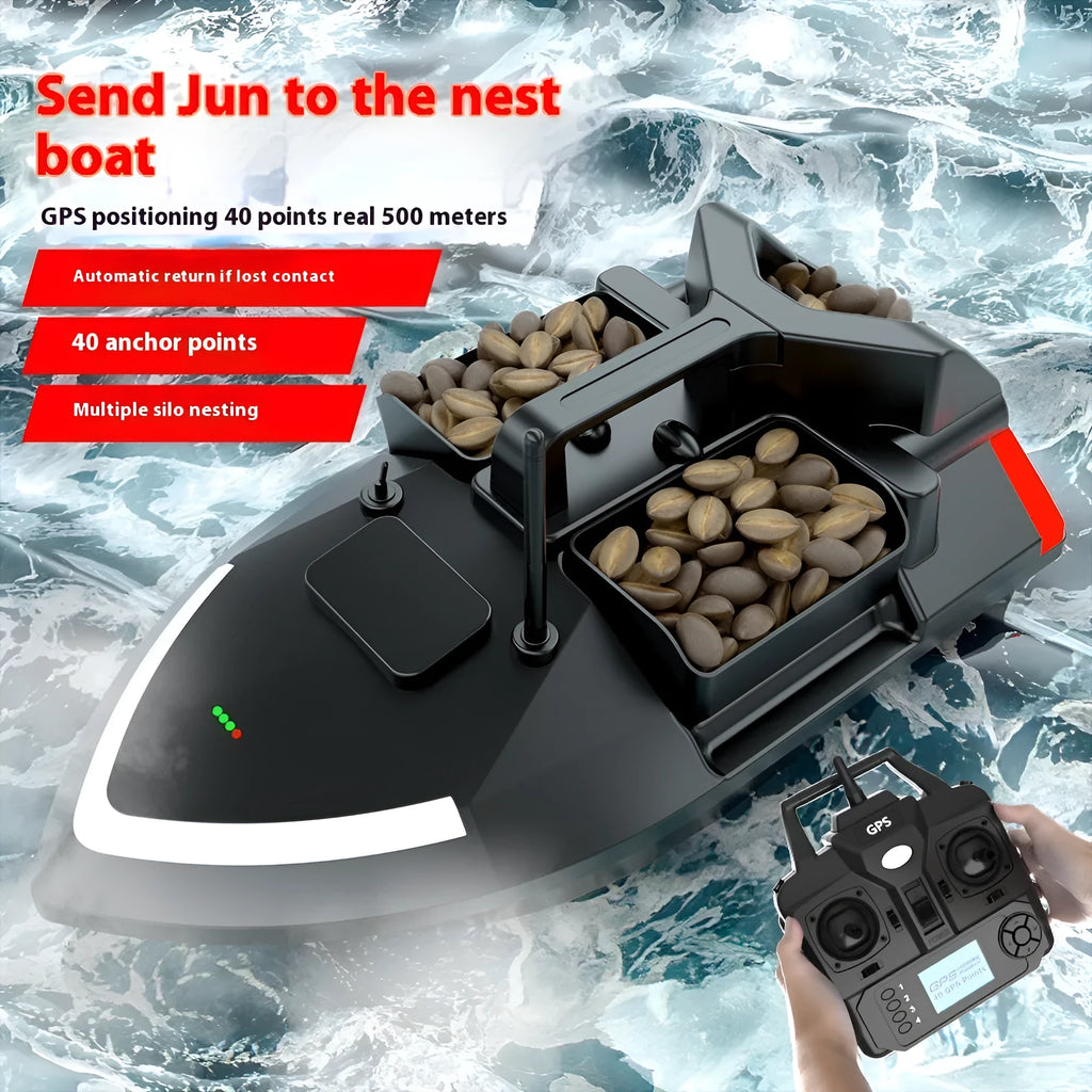 Black and luminous yellow remote control GPS fishing boat with antenna and LED light on open water.